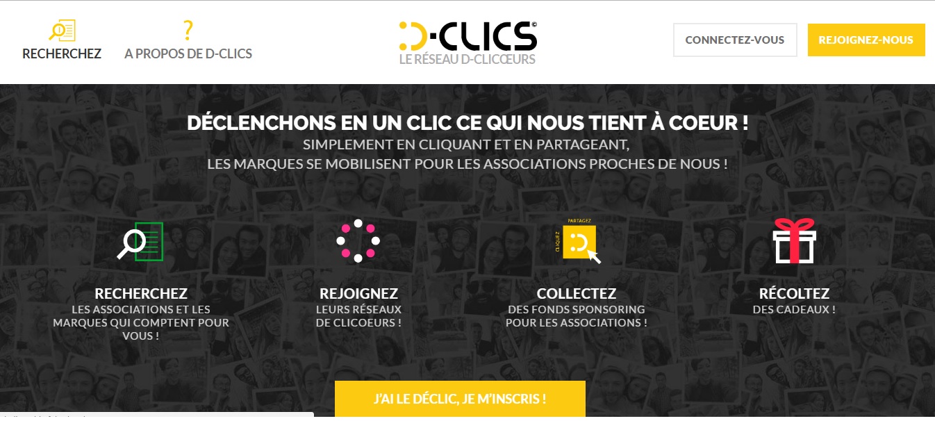 La home page de D-Clics.com, la première plateforme de crowdsponsoring entre entreprises, association et clicoeurs