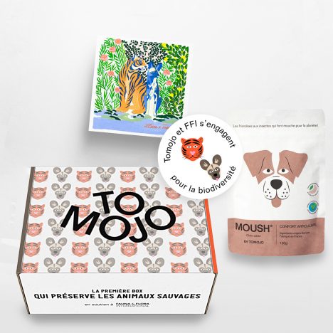 Tomojo lance la première box qui préserve les animaux sauvages. Elle est composée de nos croquettes aux insectes, d’une friandise MOUSH, d’un jouet naturel et d'une illustration de l'artiste Lilsire. Pour chaque coffret biodiversité acheté, 2€50 sont reversés à l'ONG FFI pour la protection des tigres de Sumatra et des chiens sauvages d'Afrique.